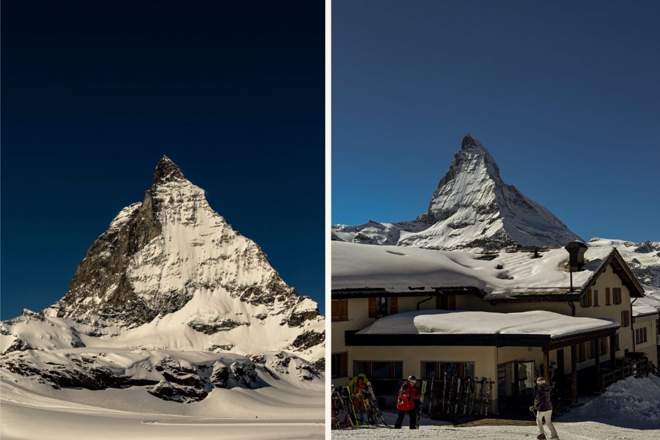 Zweiteiliges Bild des verschneiten Matterhorns in den Schweizer Alpen bei klarem Himmel. Links eine Nahaufnahme des majestätischen Gipfels mit tiefblauem Himmel im Hintergrund. Rechts eine Szene aus einem Skidorf mit Chalet-Gebäuden im Vordergrund, Skifahrenden und dem Matterhorn im Hintergrund.