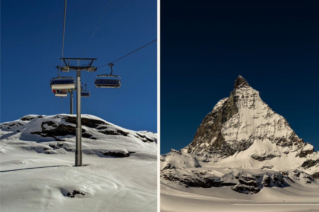 Winterliche Szene in Zermatt mit moderner Sesselbahn vor blauem Himmel und majestätischem Matterhorn im Schnee – eines der bekanntesten Wahrzeichen der Schweiz.