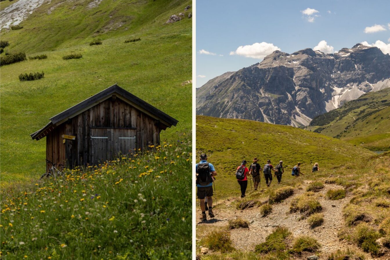 Bild 1 (links): Eine kleine Holzhütte steht umgeben von grüner Wiese mit gelben Blumen in einer sanften Berglandschaft. Bild 1 (rechts): Eine Gruppe von Wandernden geht auf einem Pfad durch grüne Hügel, im Hintergrund erheben sich steile graue Berge unter blauem Himmel.