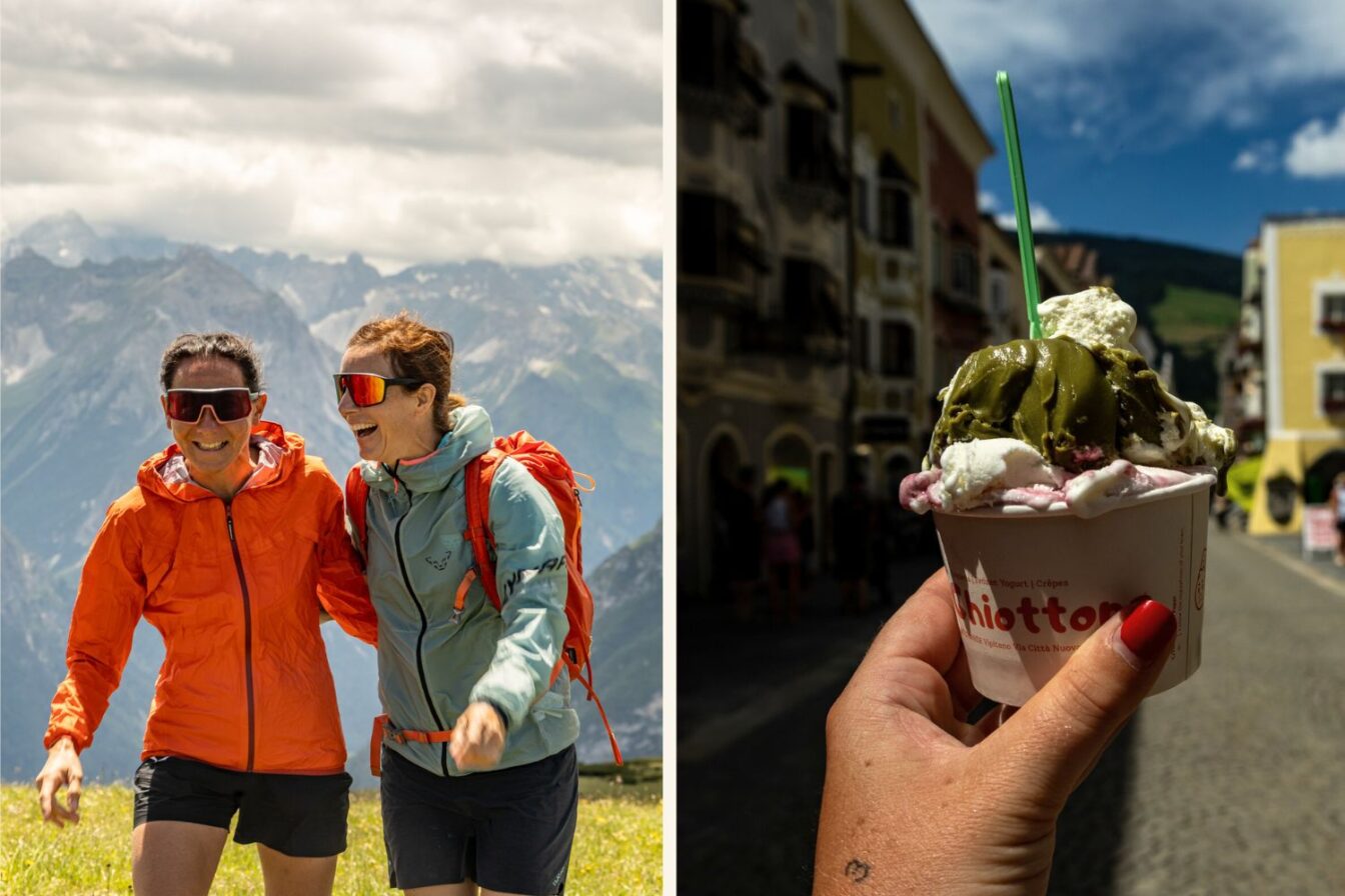 Links: Zwei lachende Personen in Outdoorjacken und Sonnenbrillen stehen in den Bergen, Arm in Arm, mit Alpenpanorama im Hintergrund, Freude beim Wandern.
Rechts: Hand mit rotem Nagellack hält einen Becher Pistazien- und Sahneeis in einer sonnigen Altstadt mit bunten Häusern, entspannte Sommerstimmung.