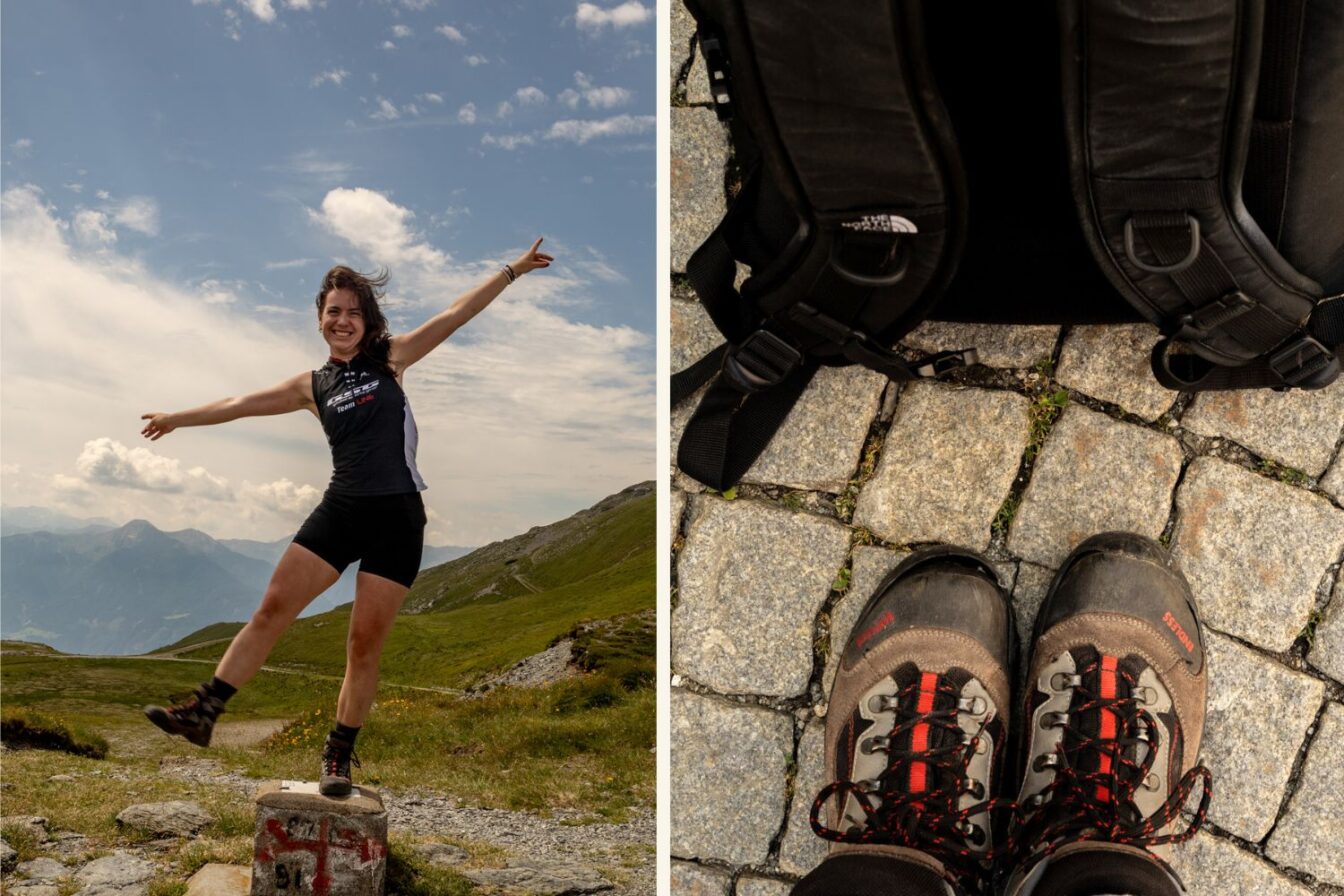 Bild 3 (links):

Eine Person in kurzer Wanderkleidung balanciert lachend auf einem Grenzstein in den Bergen, die Arme weit ausgestreckt.

Bild 3 (rechts):

Blick auf Wanderstiefel und einen schwarzen Rucksack auf grauen Pflastersteinen.