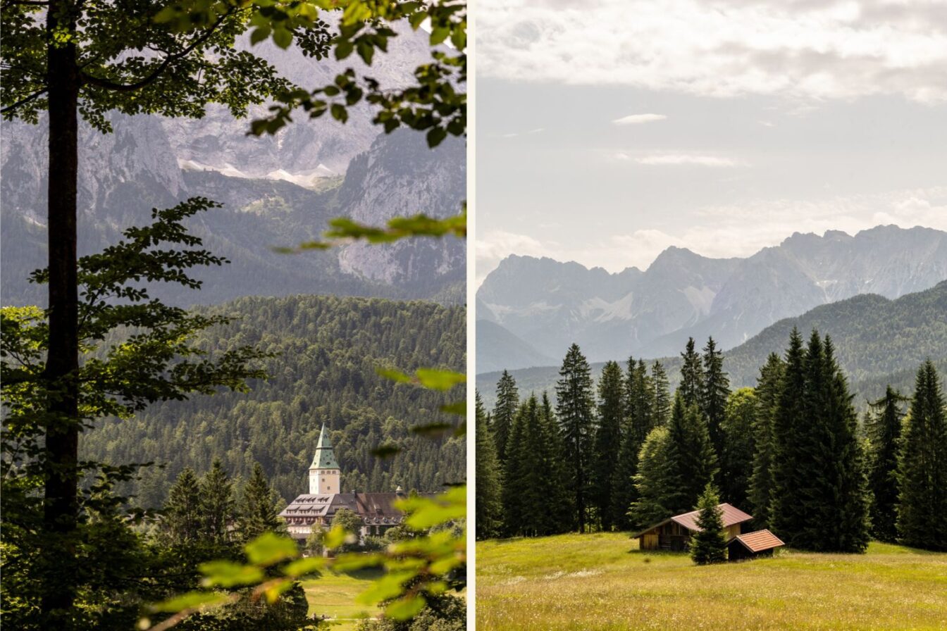 Zweigeteiltes Bild von der Alpenüberquerung von Garmisch-Partenkirchen nach Mittenwald: Links Blick durch grüne Bäume auf das Schloss Elmau mit Bergpanorama im Hintergrund, rechts eine grüne Almwiese mit kleiner Berghütte, umgeben von hohen Tannen und Alpen im Hintergrund.