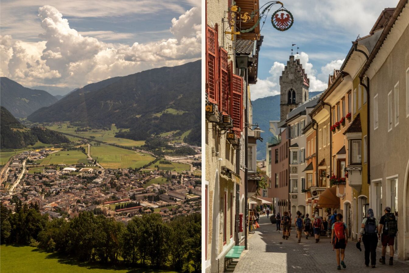 Zweigeteiltes Bild: Links Blick auf Sterzing in Südtirol mit seinen bunten Häusern und engen Gassen, umgeben von grünen Tälern und Bergen unter einem bewölkten Himmel, rechts ein Spaziergang durch die historische Altstadt von Sterzing mit bunten Fassaden, roten Fensterläden und einem Kirchturm im Hintergrund.