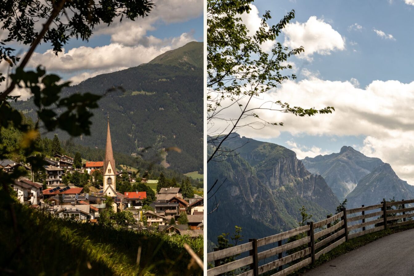 Zweigeteiltes Bild aus den Alpen: Links Blick auf ein Tiroler Bergdorf mit Kirchturm und roten Dächern, eingerahmt von grünen Hügeln, rechts eine gewundene Straße mit Holzzaun vor dramatischem Bergmassiv und wolkigem Himmel.