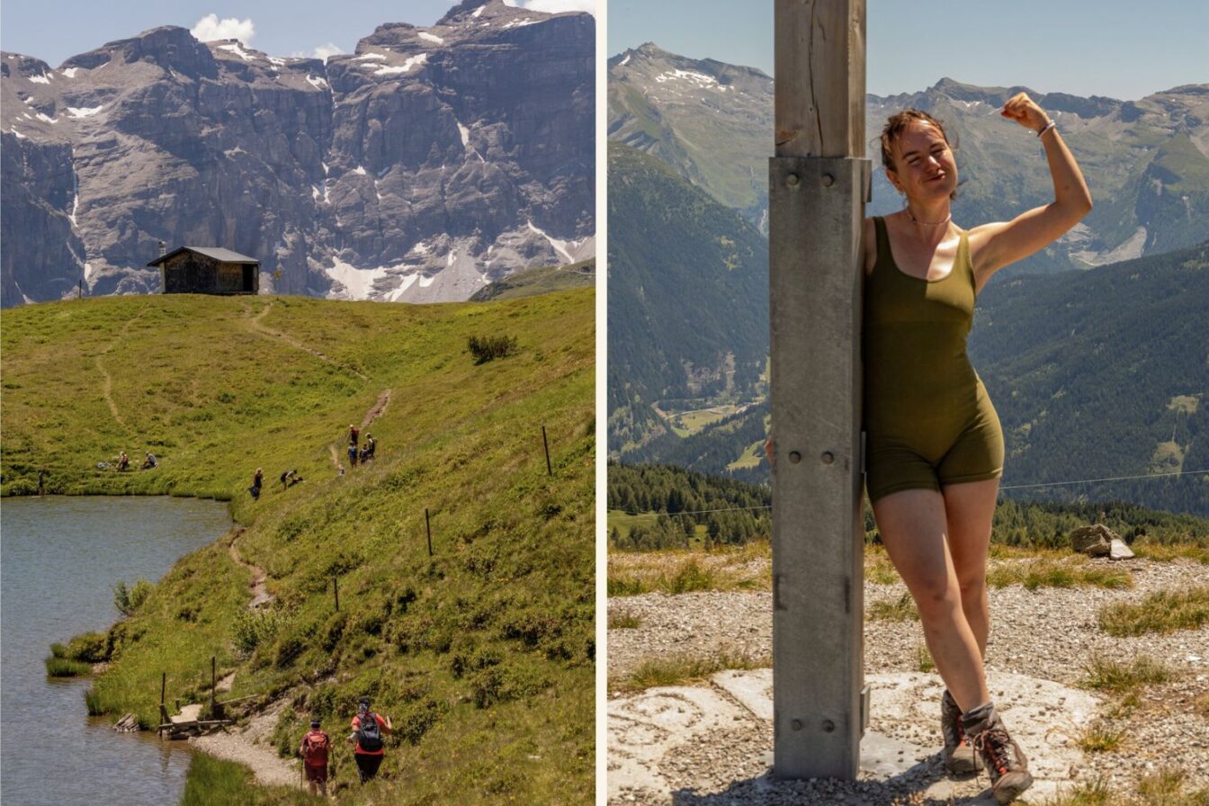 Zweigeteiltes Bild einer Alpenüberquerung: Links wandern Personen mit Rucksäcken an einem kleinen Bergsee vorbei, im Hintergrund eine Hütte auf einer grünen Wiese vor einer steilen Felswand mit Schneefeldern, rechts steht eine Person in einem grünen Einteiler lächelnd und stolz an einem Gipfelkreuz mit Blick ins grüne Tal und umliegende Berge.