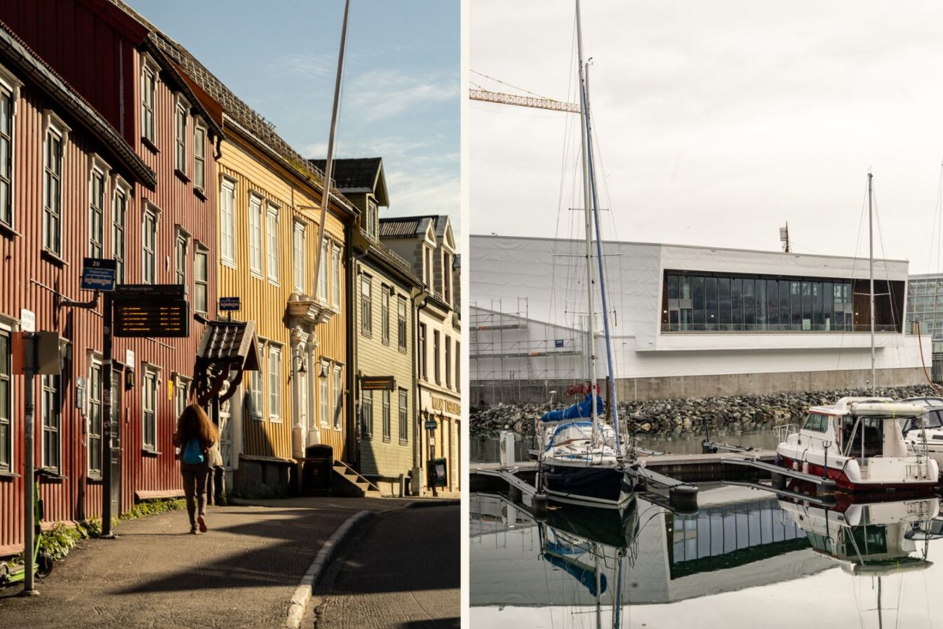 Links: Bunte historische Holzhäuser in der Altstadt von Tromsø bei tiefstehender Sonne, darunter rot, gelb und grün gestrichene Fassaden. Eine Frau mit Rucksack spaziert an einer Bushaltestelle vorbei auf dem Bürgersteig. Rechts: Moderne Hafenszene mit Segel- und Motorbooten, die ruhig im Wasser liegen, im Hintergrund ein neues, weißes Gebäude mit großen Glasfronten und einer Baustelle mit Kran.