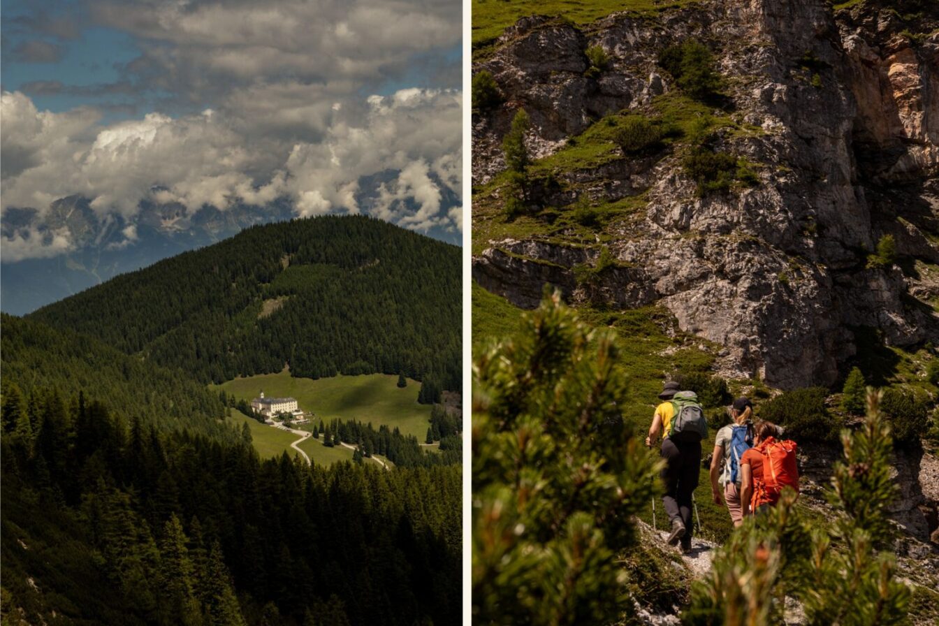 Blick auf das Wallfahrtskloster Maria Waldrast unterhalb des Blasers – beliebter Ausgangspunkt für eine Wanderung im Stubaital. Rechts: Wanderer steigen durch felsige Landschaft Richtung Blaser-Gipfel auf – alpine Wanderung im Stubaital.