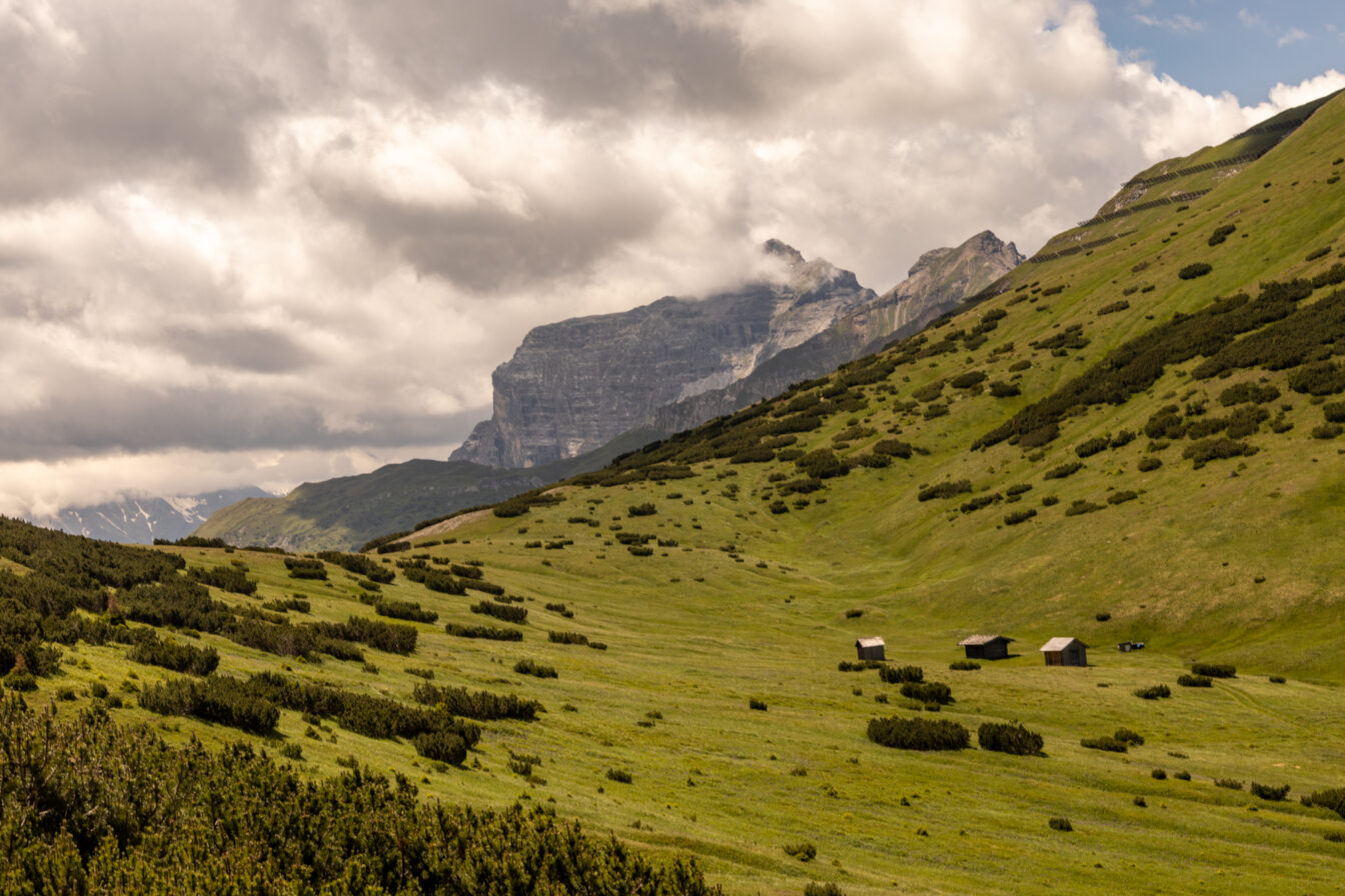 Sanfte Almwiesen und einsame Hütten am Blaser – idyllische Szenerie einer Wanderung im Stubaital.