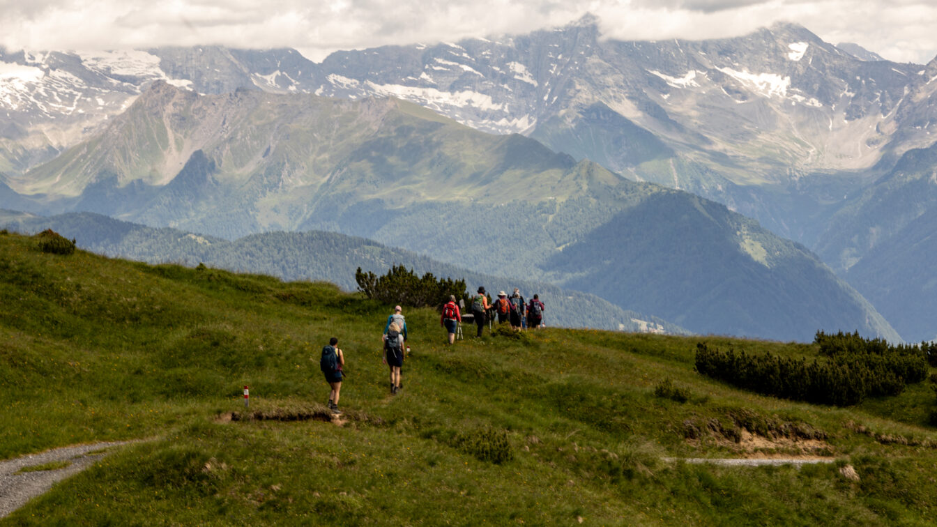 Wandergruppe beim Aufstieg über saftig grüne Almwiesen in Richtung Blaser – eine beliebte Wanderung im Stubaital.