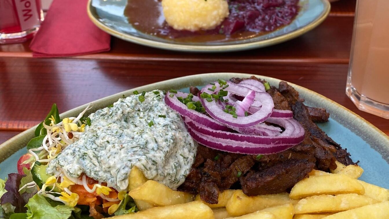 Bunte Teller mit veganem Gyros, Pommes und Tzaziki.