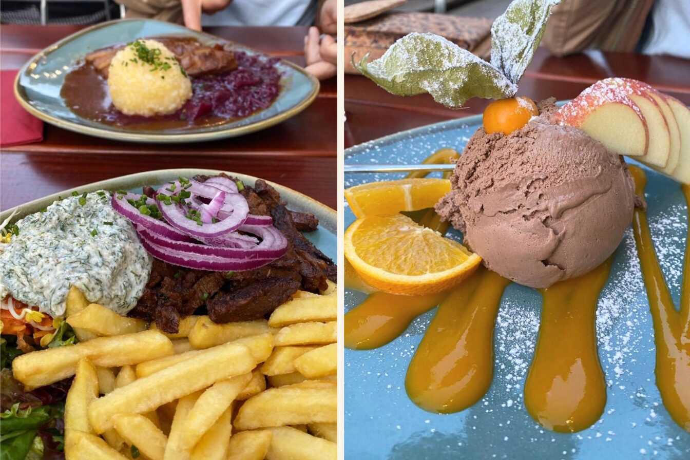 Veganes Gyros, Pommes und Tzaziki und Schokoladeneis auf bunten Tellern in München