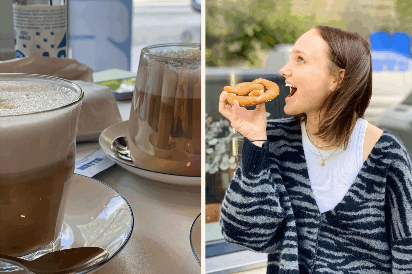 Junge Frau mit glutenfreier Breze in der Hand und Kaffee.