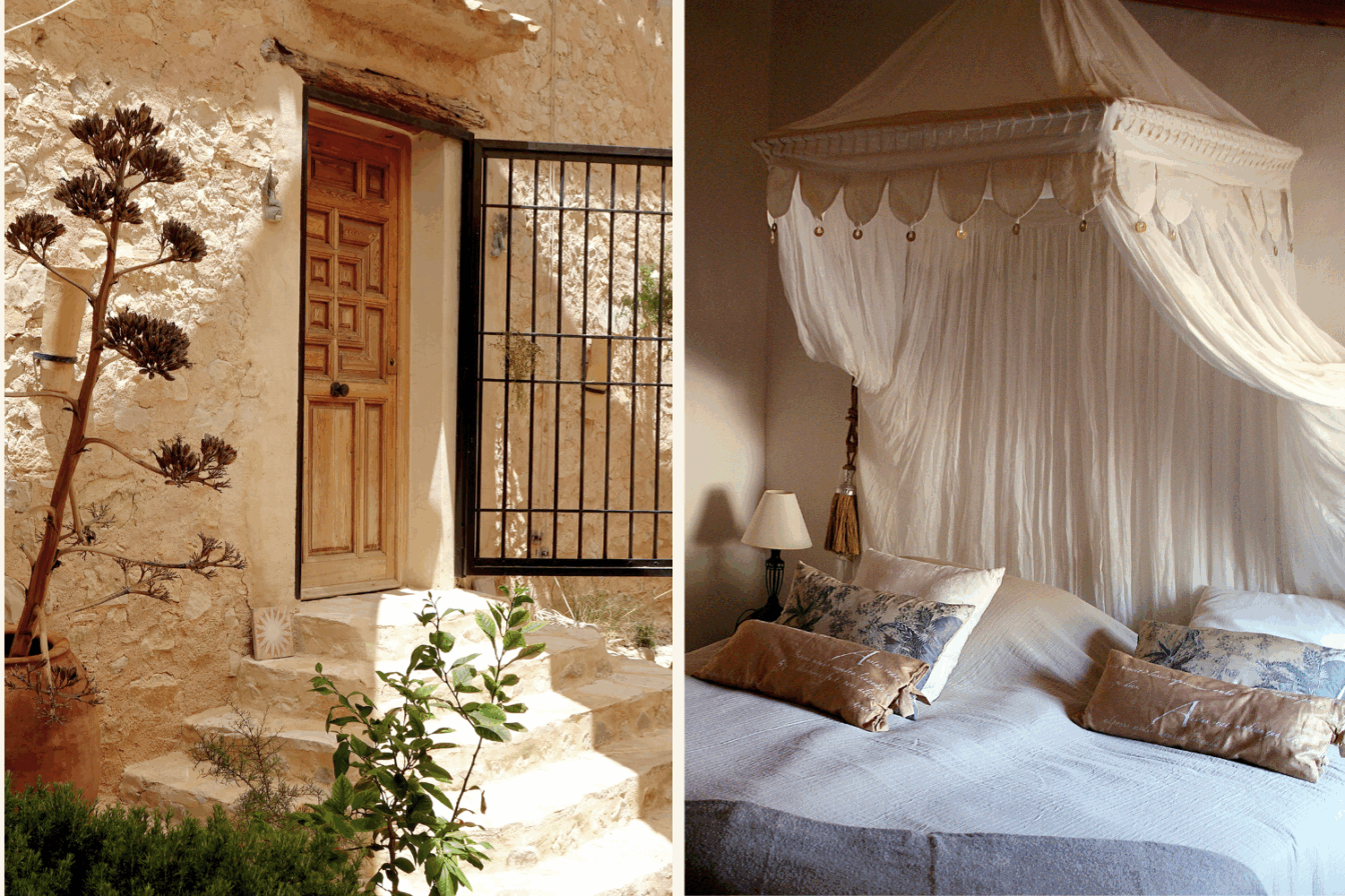 Authentische spanische Finca mit rustikalem Eingang und romantischem Schlafzimmer mit Himmelbett – stilvoller Urlaub in Andalusien