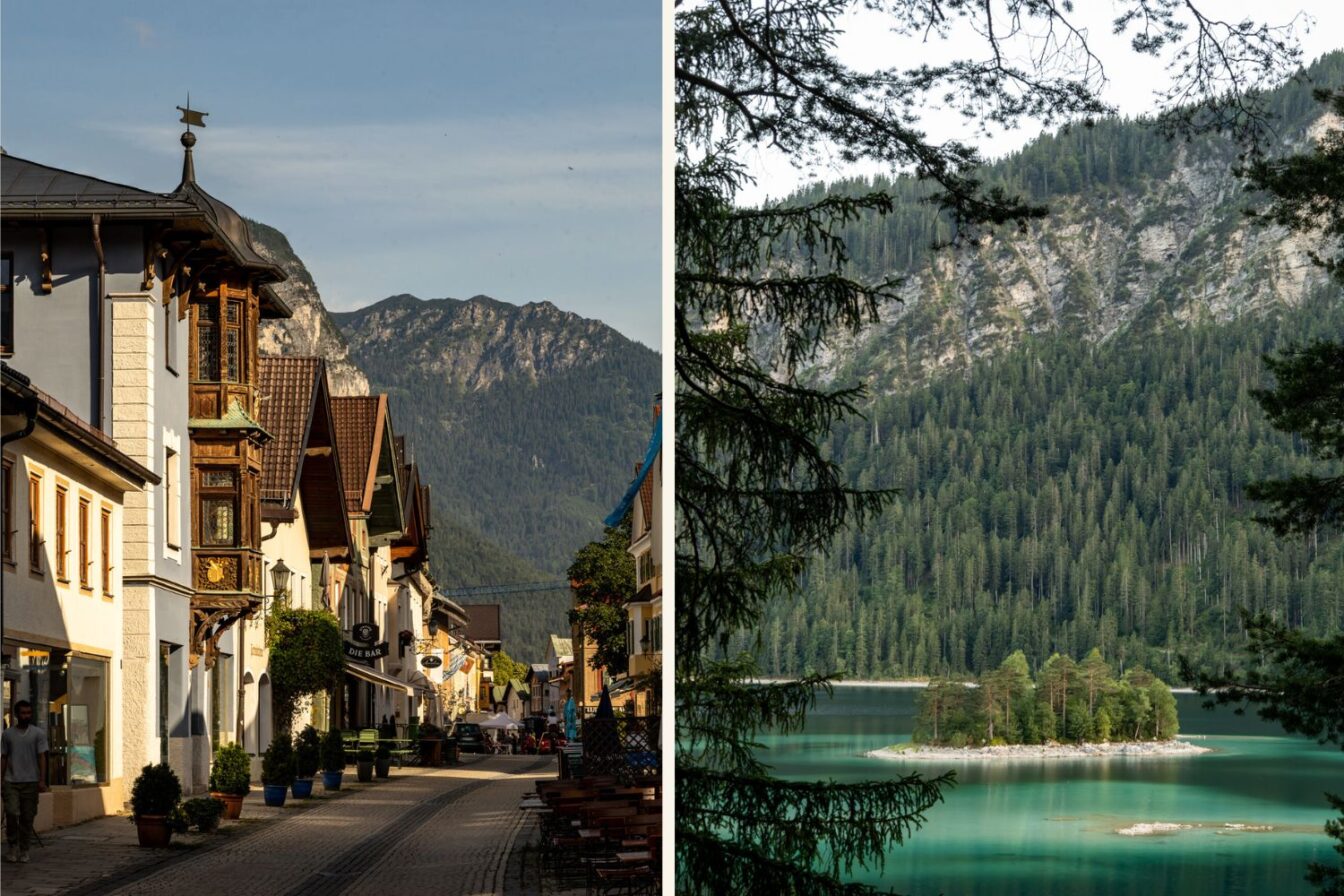 Zweigeteiltes Bild von Garmisch-Partenkirchen: Links eine gemütliche Altstadtgasse mit traditionellen Häusern und Blick auf grüne Berge im Hintergrund, rechts der türkisfarbene Eibsee mit einer kleinen bewaldeten Insel, eingerahmt von Tannen und einem Bergmassiv.