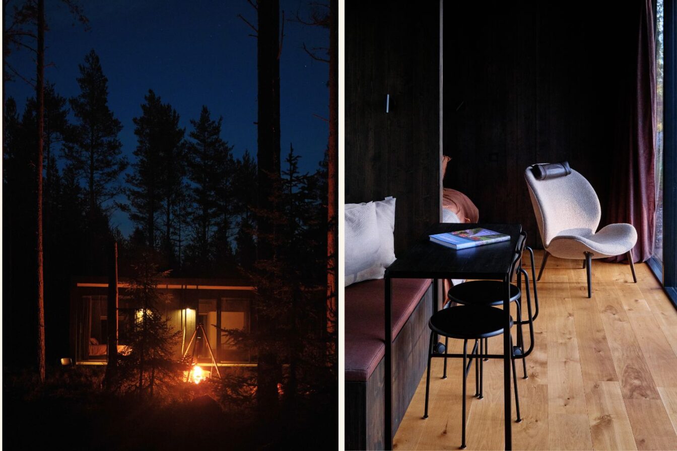 Minimalistische Waldhütte mit modernem Interior in Schweden – stilvolles Tiny House mit Lagerfeuerromantik und Naturblick