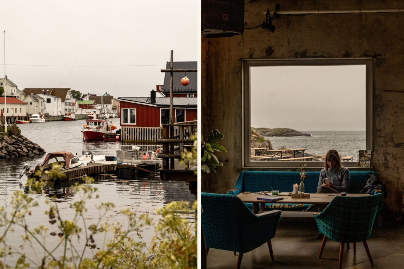 Henningsvær auf den Lofoten, Norwegen – malerisches Fischerdorf mit traditionellen Booten im Hafen und gemütlichem Café mit Blick aufs Meer durch ein großes Fenster an einem bewölkten Tag