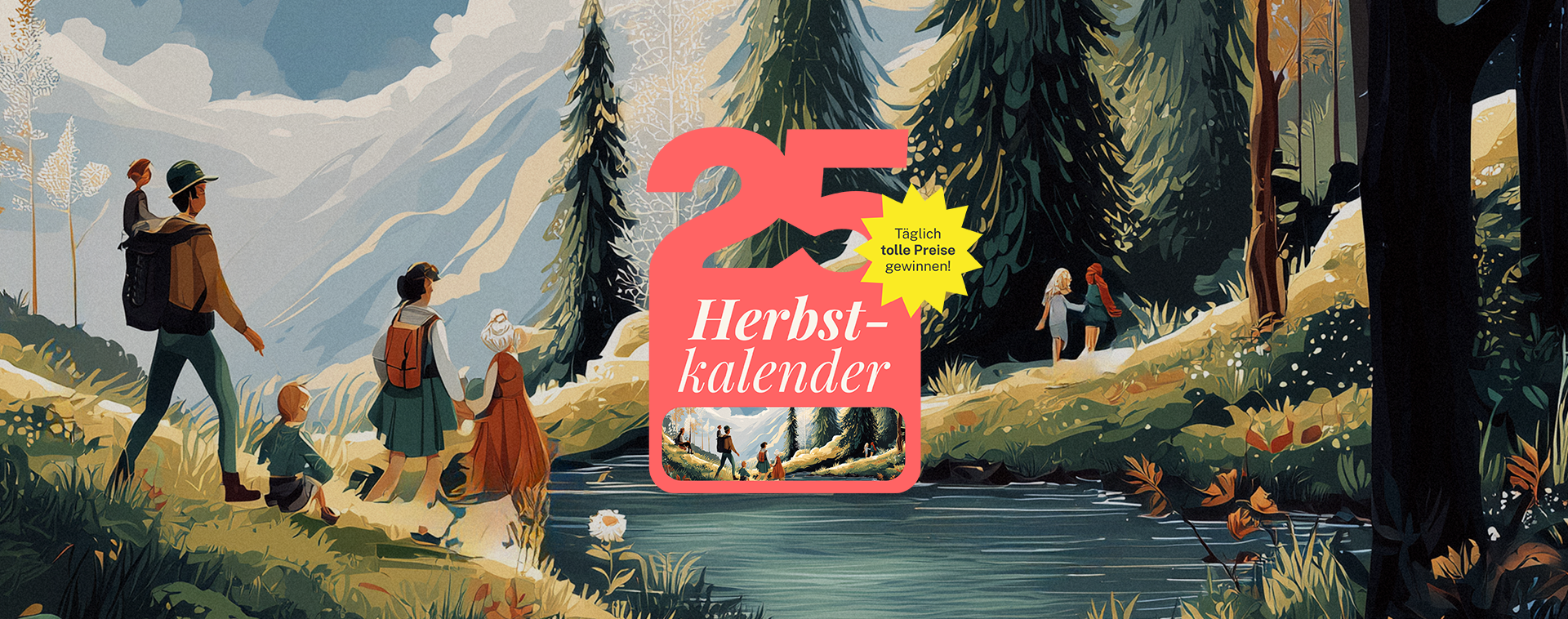 Grafik einer Herbstlandschaft mit Wander*innen