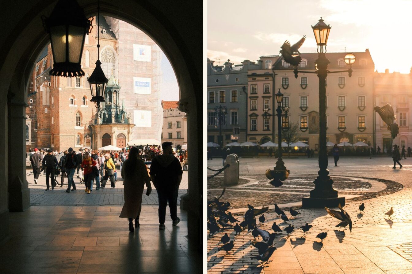 Zwei stimmungsvolle Ansichten vom Marktplatz in Krakau: Links blicken Menschen durch einen Torbogen auf die Marienkirche mit regem Treiben, rechts fliegen Tauben im warmen Abendlicht über den Rynek Glowny, während Laternen und historische Häuser im Hintergrund leuchten