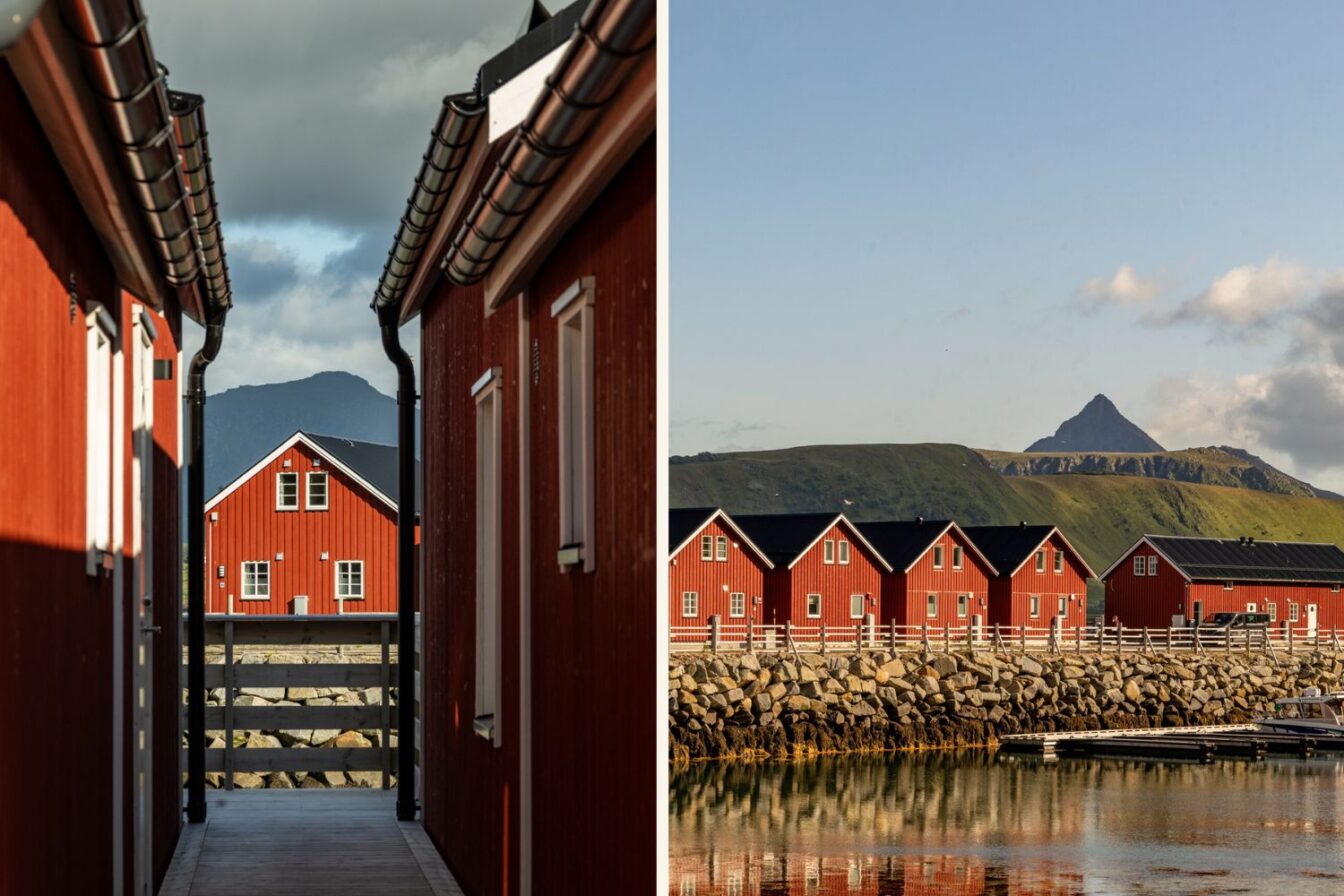Lofoten Basecamp in Norwegen – Reihe traditioneller roter Holzhäuser mit moderner Ausstattung vor dramatischer Bergkulisse und ruhigem Hafen, idealer Ausgangspunkt für Natur- und Outdoor-Erlebnisse