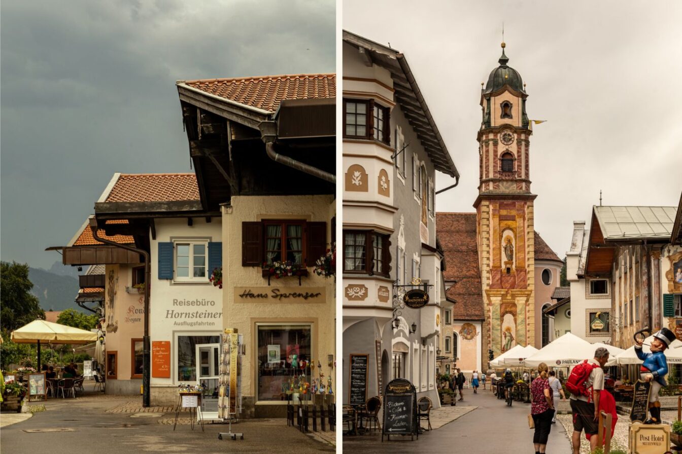 Alt-Text (links):
Traditionelle Häuser im Zentrum von Mittenwald, Bayern, bei bewölktem Himmel mit charmanten Läden und gemütlicher Atmosphäre.
Alt-Text (rechts):
Historische Altstadt von Mittenwald mit bemalten Fassaden und der barocken Pfarrkirche St. Peter und Paul im Hintergrund.