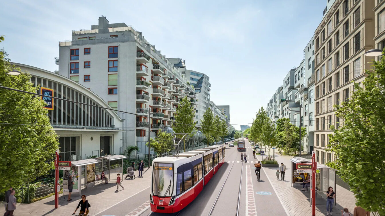 eine Visualisierung der neuen Straßenbahnlinie 12, die voraussichtlich ab Herbst 2025 in Wien fahren soll