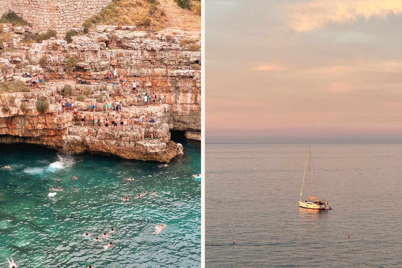 Klippen und malerischer Sonnenuntergang in Polignano a Mare, Apulien