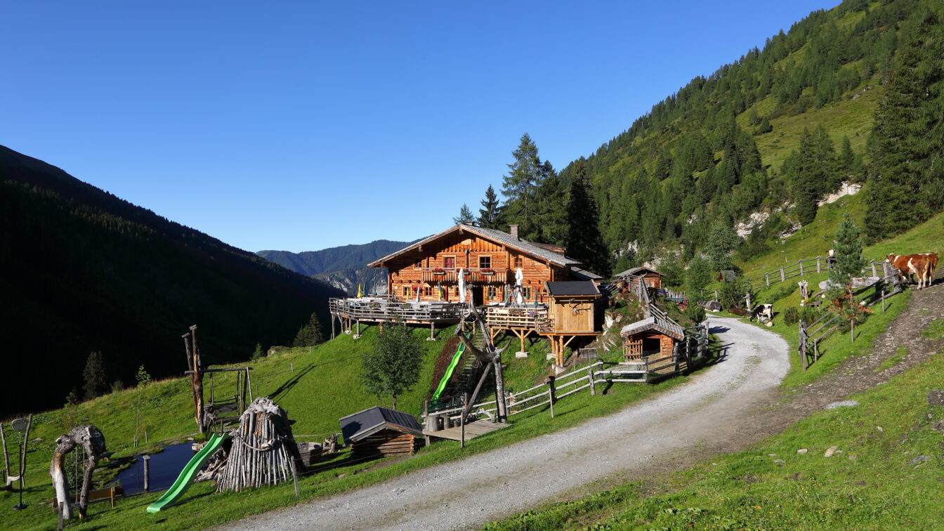 Eine urige Hütte, eingebettet in saftiges Grün, mit Spielplatz für Kinder in den Bergen