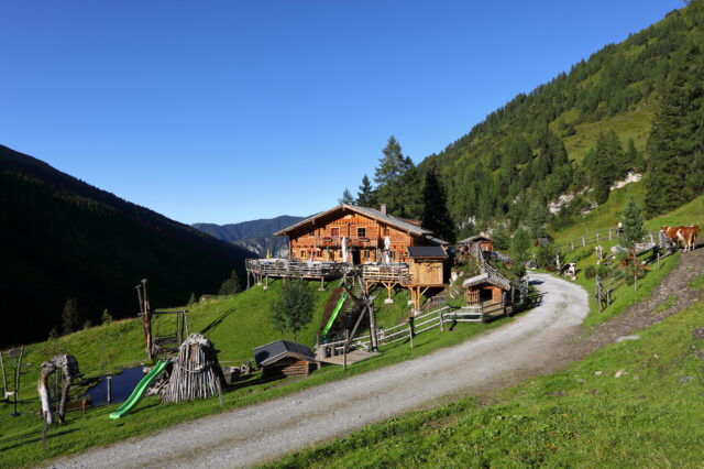 Eine urige Hütte, eingebettet in saftiges Grün, mit Spielplatz für Kinder in den Bergen