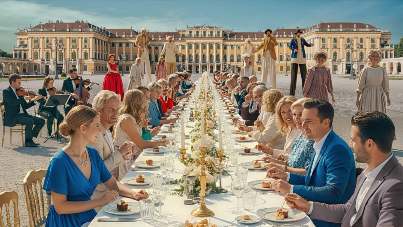 Visualisierung mit einer gedeckten Tafel mit Menschen vor dem Schloss Schönbrunn in Wien
