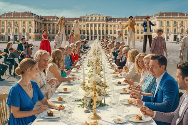 Visualisierung mit einer gedeckten Tafel mit Menschen vor dem Schloss Schönbrunn in Wien