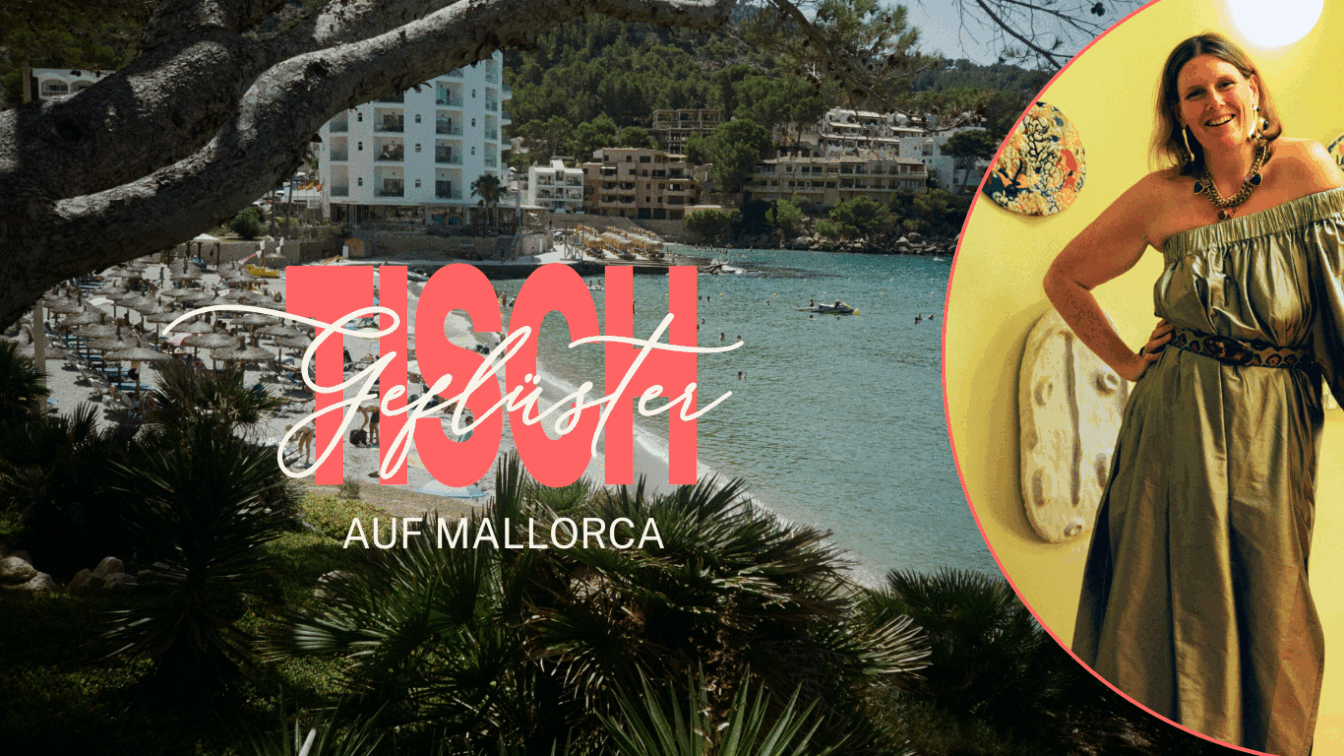 Eine Collage aus einem Portrait von Dolli Taylor und einem Strand auf Mallorca.