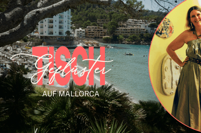 Eine Collage aus einem Portrait von Dolli Taylor und einem Strand auf Mallorca.