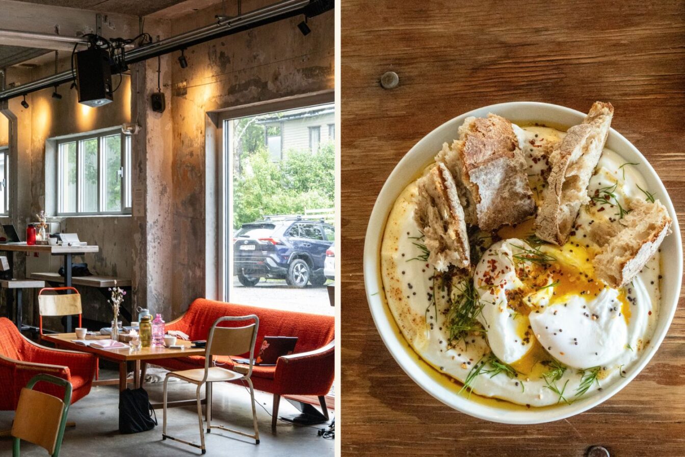 Trevarefabrikken in Henningsvær, Norwegen – kreatives Café und Kulturort mit gemütlichem, industriellem Interieur und hausgemachtem Frühstück mit pochierten Eiern, Joghurt und Sauerteigbrot.