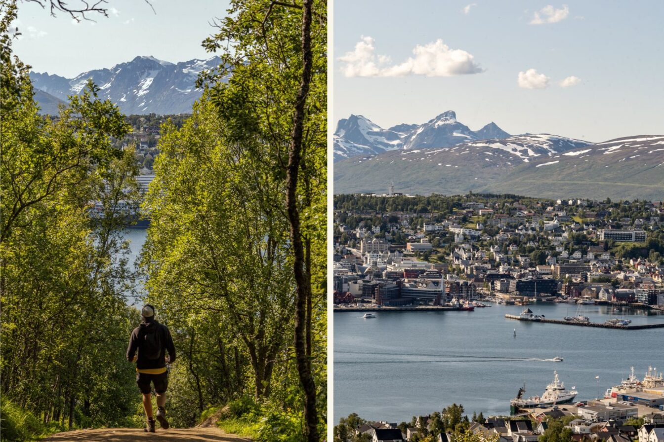 Links: Ein Wanderer in sportlicher Kleidung geht auf einem Pfad durch grüne Bäume bergab, im Hintergrund sind das Wasser und schneebedeckte Berge zu sehen. Rechts: Panoramaaufnahme der Stadt Tromsø mit bunten Häusern, dem Hafen und dahinter schneebedeckte Gipfel unter blauem Himmel.