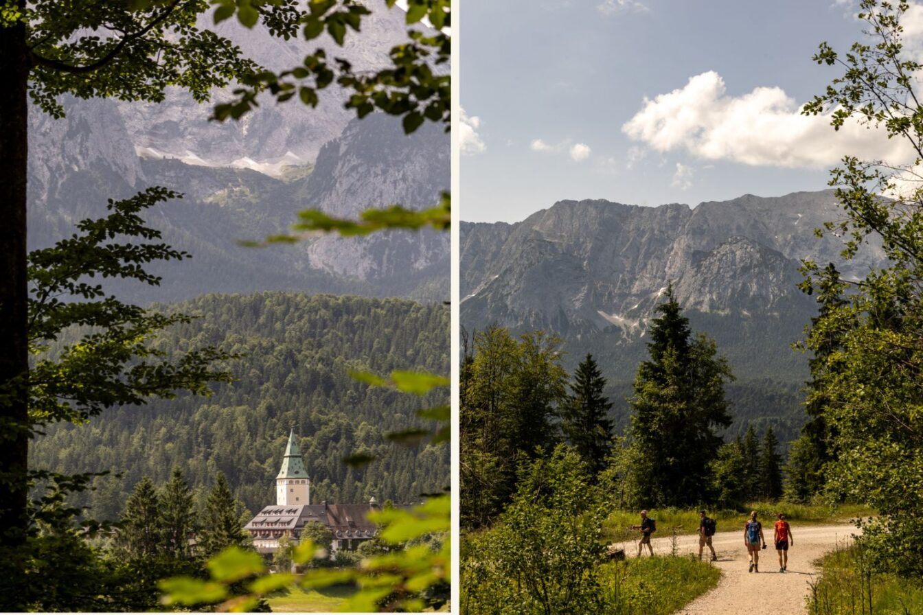 Alt-Text (links): Blick durch den Wald auf Schloss Elmau bei Garmisch-Partenkirchen mit grüner Umgebung und majestätischem Alpenpanorama. Alt-Text (rechts): Wanderer auf idyllischem Forstweg vor der eindrucksvollen Felskulisse des Wettersteingebirges in Bayern.