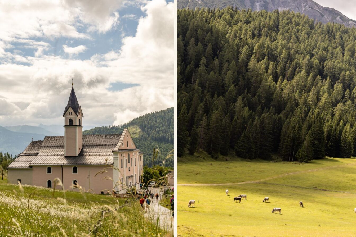 Startpunkt der Wanderung zum Blaser im Stubaital – Wallfahrtskirche Maria Waldrast und Almwiesen mit Kühen.