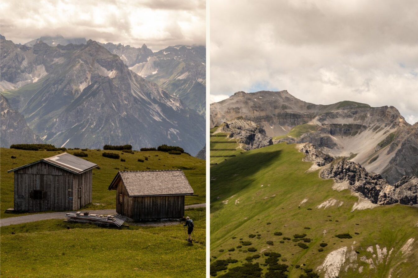 Almhütten auf der Wanderroute zum Blaser im Stubaital – eindrucksvolle Aussicht auf die Tiroler Alpen.