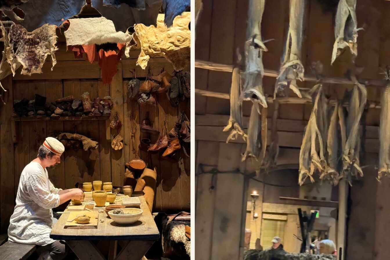 Wikinger Museum auf den Lofoten – authentische Darstellung traditioneller Handwerkskunst mit Leder, Tonwaren und getrocknetem Stockfisch in rustikalem Holzgebäude mit lebendiger Museumsszene.