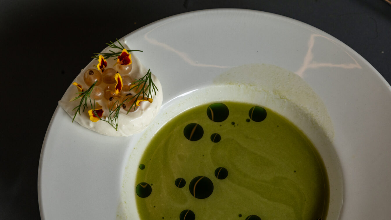 Fein angerichtetes Gericht in einem Restaurant in Berlin-Mitte: Eine grüne Suppe mit dunklen Ölkreisen, serviert in einem weißen Teller. Am Rand eine cremige Garnitur mit hellen Beeren, frischem Dill und essbaren Blüten.