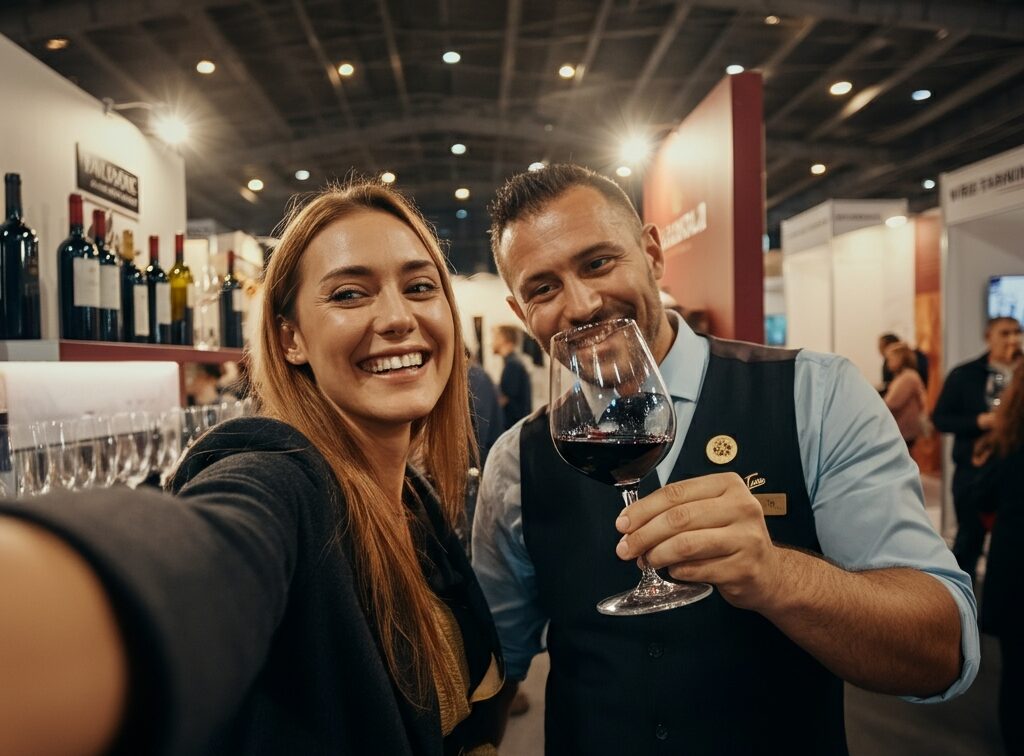 zwei Personen bei einer Weinverkostung bei einer Messe