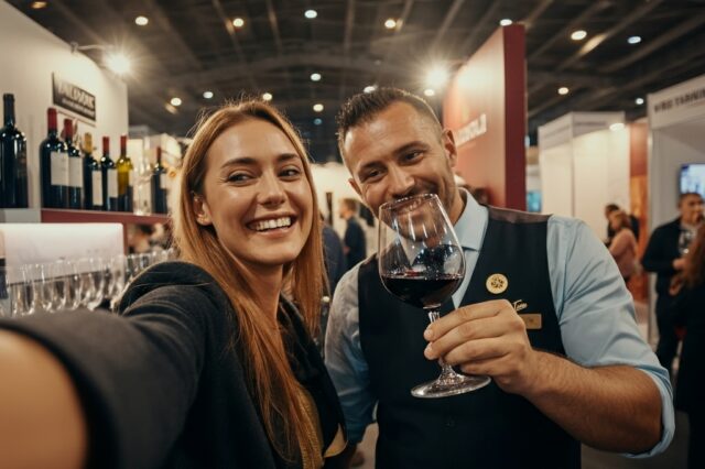 zwei Personen bei einer Weinverkostung bei einer Messe