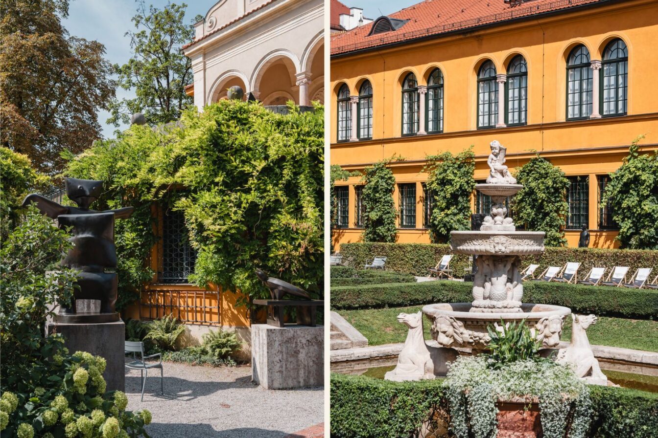 Eine Collage zweier Bilder aus dem Lenbachgarten in München