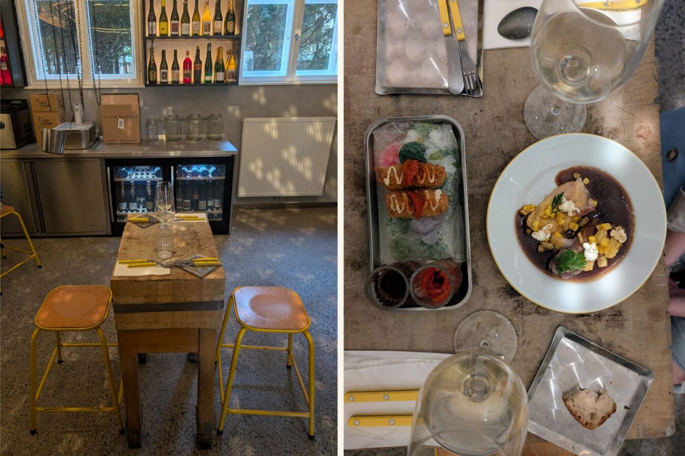 Einrichtung, Deko und Gerichte am Tisch im Restaurant Merk und Würdig in Wien