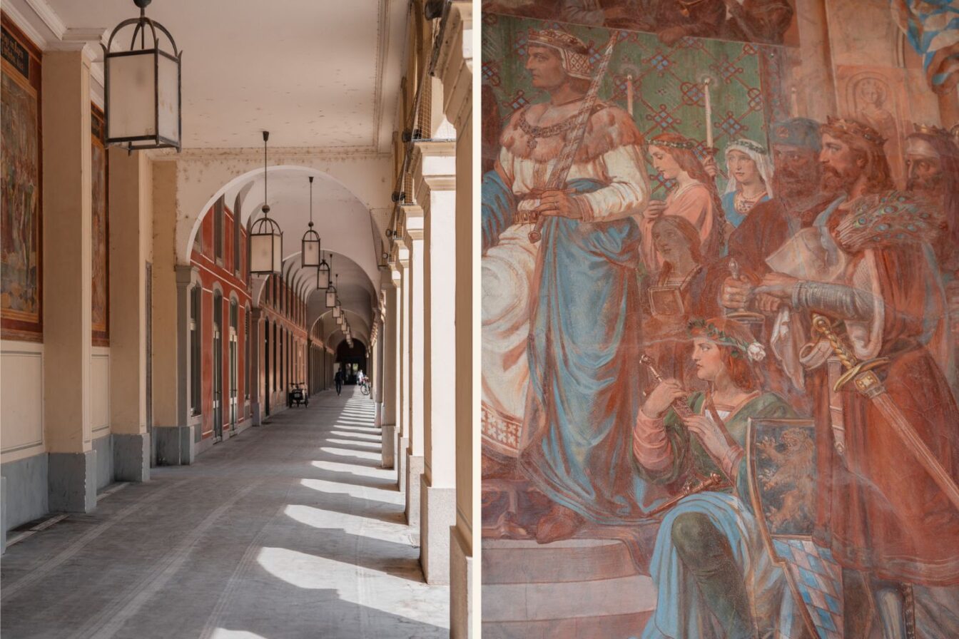 Eine Collage aus Details der Säulenpassage im Hofgarten