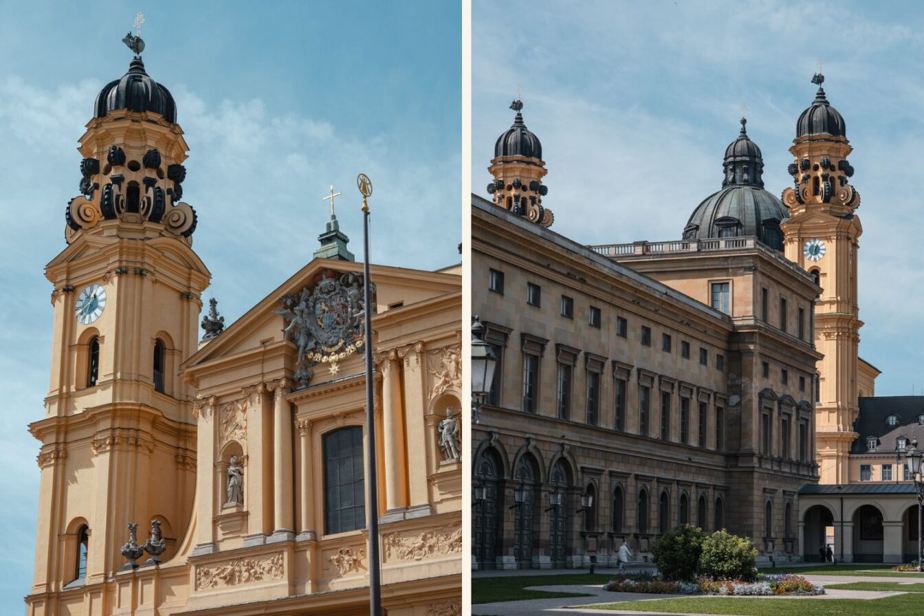 Zwei Aufnahmen der gelben Theatinerkirche in München