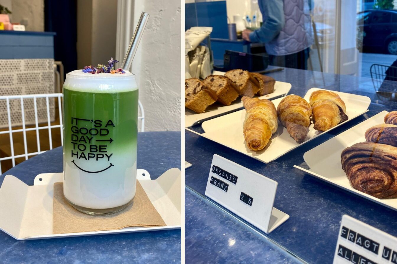 Matcha Latte und Croissants in einem Café in Schwabing.