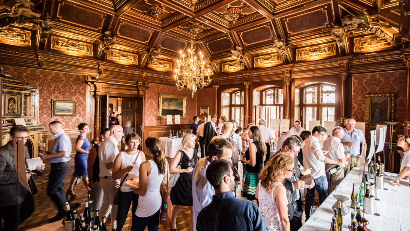 Menschen verkosten Weine in den Prunkräumen im Schloss Grafenegg