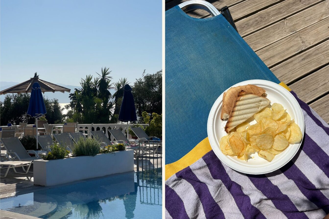 Der Pool eines Hotels und ein Pappteller mit Toast und Chips