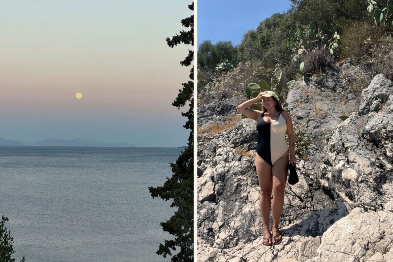 Der Mond bei Dämmerung über dem Meer und eine Frau im badeanzug auf Felsen