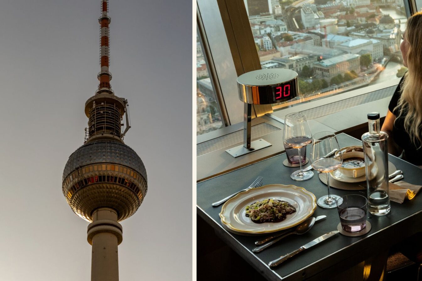 Der Berliner Fernsehturm im Abendlicht und ein gedeckter Tisch im Sphere Restaurant mit Blick über die Hauptstadt – exklusive Fine-Dining-Erfahrung bei Reisehunger Berlin, Foto: Sonja Koller